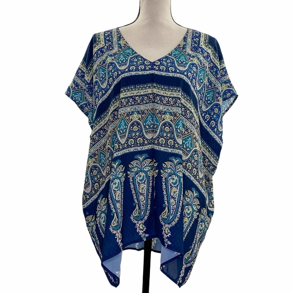 CREMIEUX Blue Printed Short Sleeve V-Neck Oversized Body Poncho Blouse